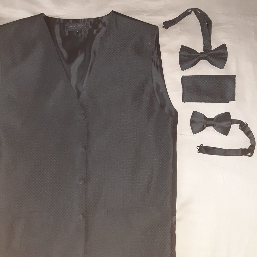 Lot: Black Vest * 2 New Black Bow Ties * Pocket Square * Elegant Texture *